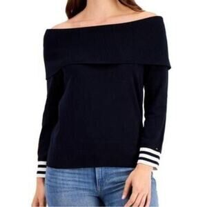 TOMMY HILFIGER Plus Size 2X Off-The-Shoulder Sweater Navy Blue White Stripe NWT